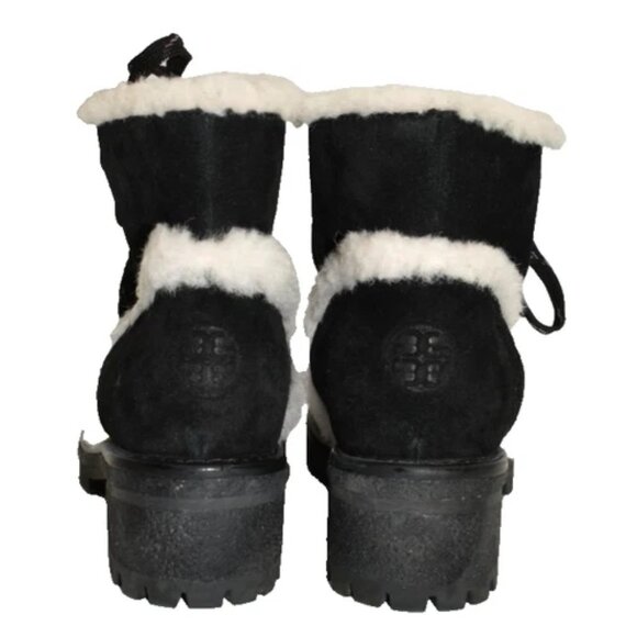 $550 TORY BURCH Cooper Suede Sheep Fur Lace Up Booties BLACK 6 (MG25) - Picture 4 of 8